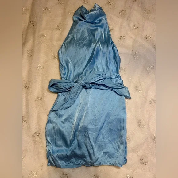 AMANDA UPRICHARD Sandrine Dress in Pacific 100% Silk Tie Front Mini Dress XS - Picture 6 of 9